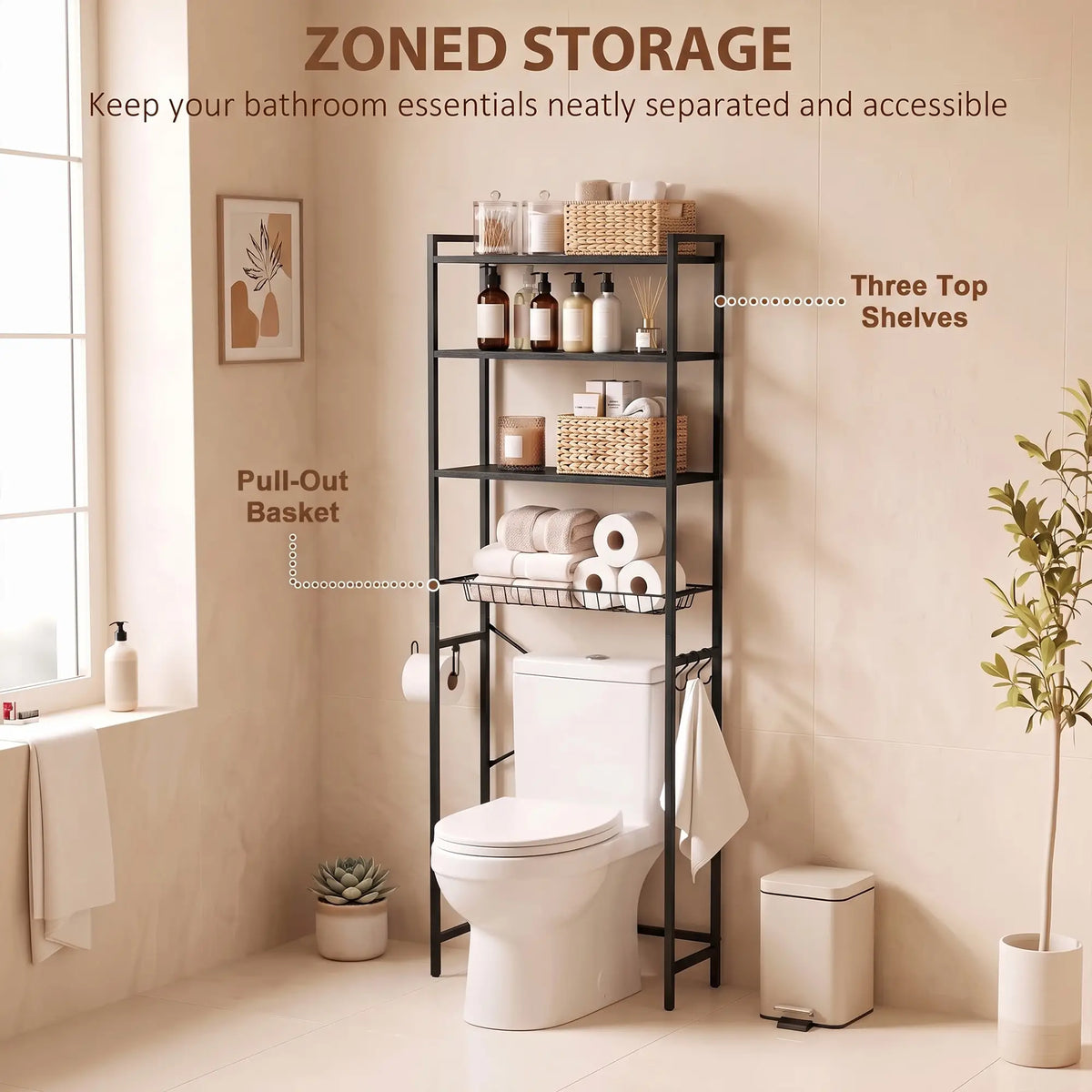 3-Tier Over-the-Toilet Storage Shelf, Adjustable, Black