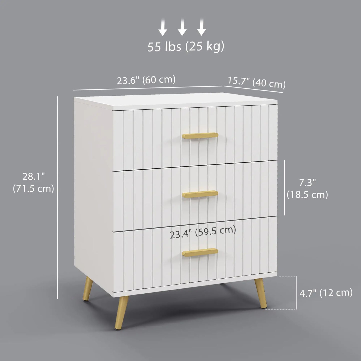 3 Drawer Cabinet, Bedroom Chest of Drawers, Aluminium Legs, Gold Handles, White Storage Cabinets at Gallery Canada