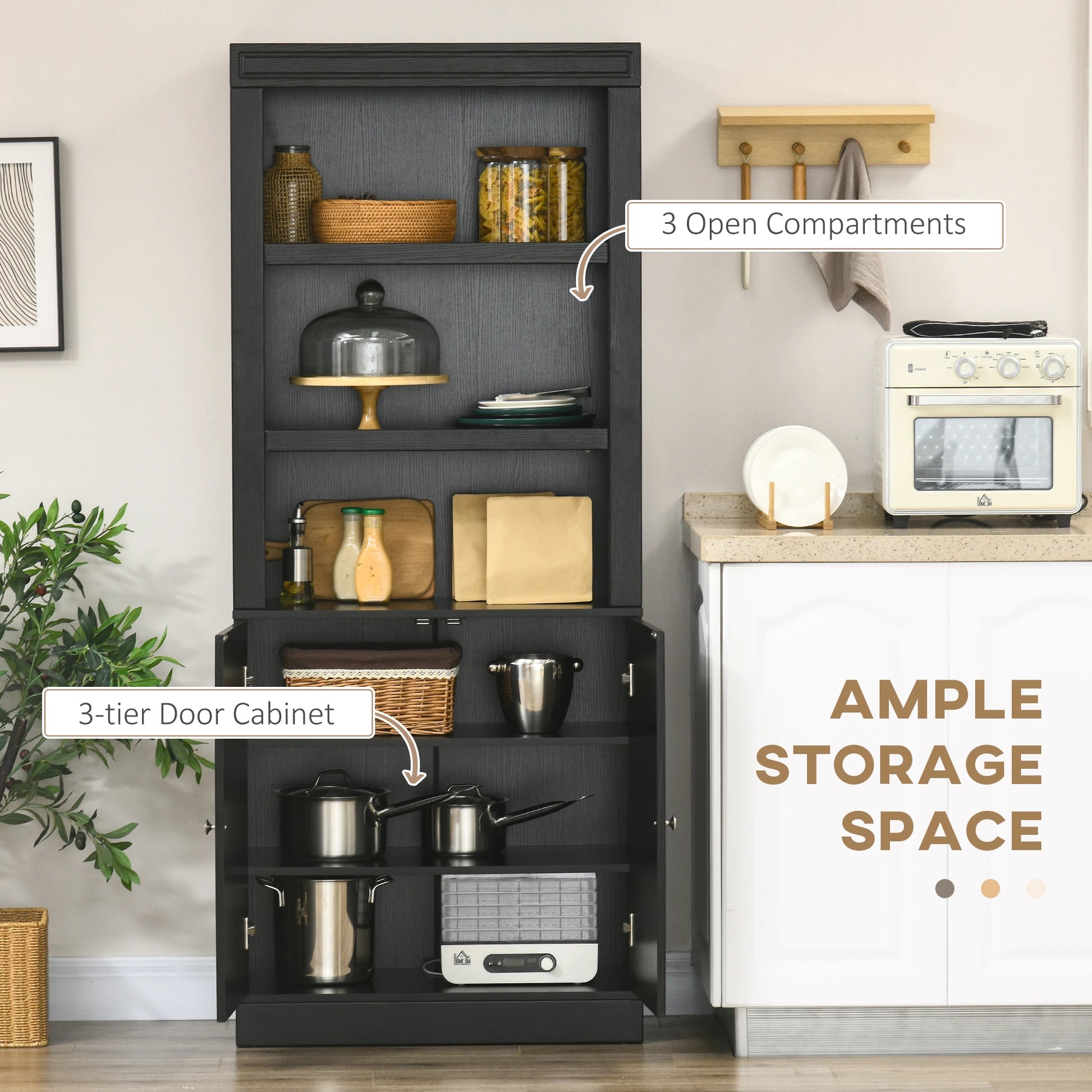 72" Kitchen Buffet with Hutch, Freestanding Cupboard, Pantry, Wood Grain, Black Kitchen Pantry Cabinets at Gallery Canada