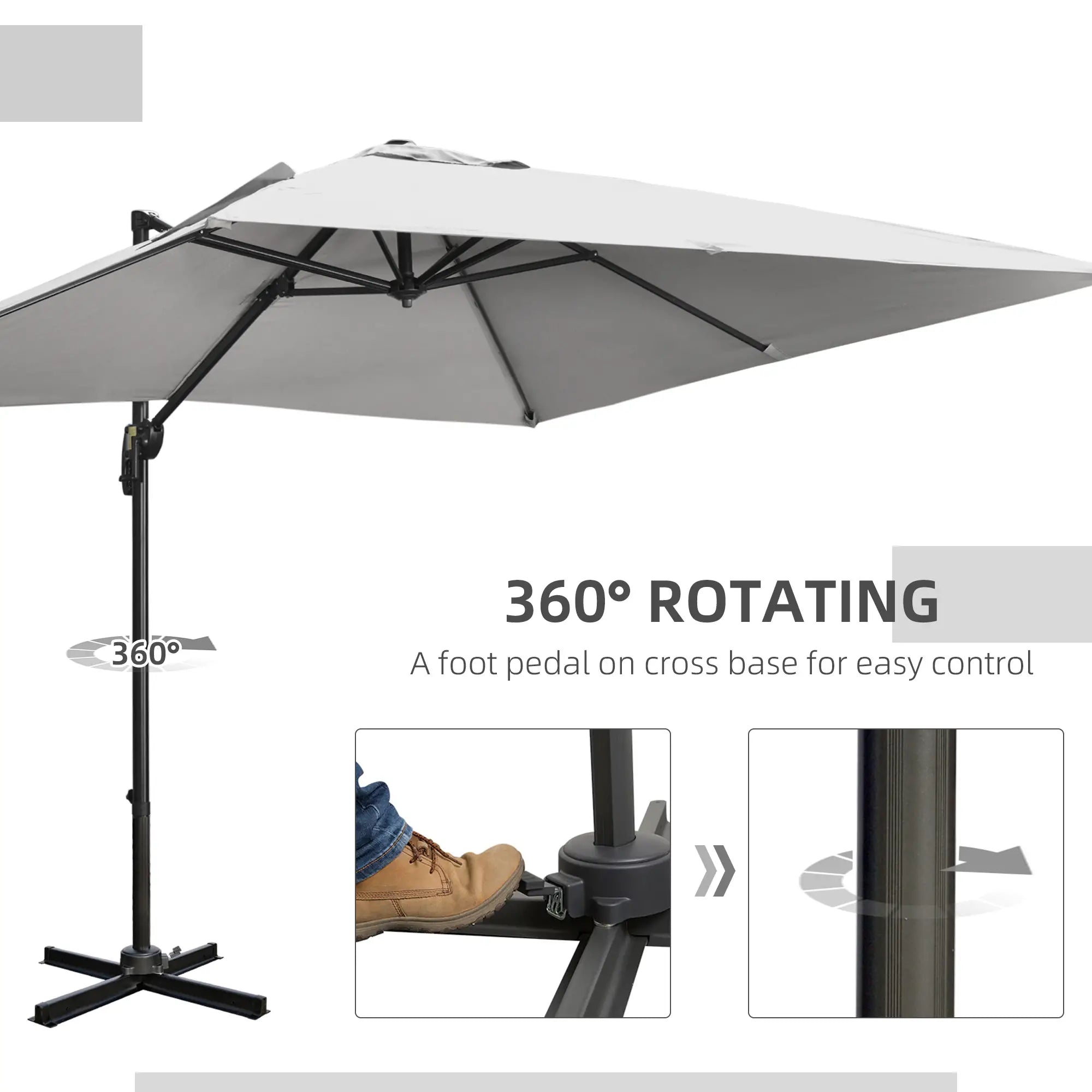 9ft Square Cantilever Patio Umbrella, Cross Base, Crank Handle, Light Grey Offset Cantilever Umbrellas at Gallery Canada