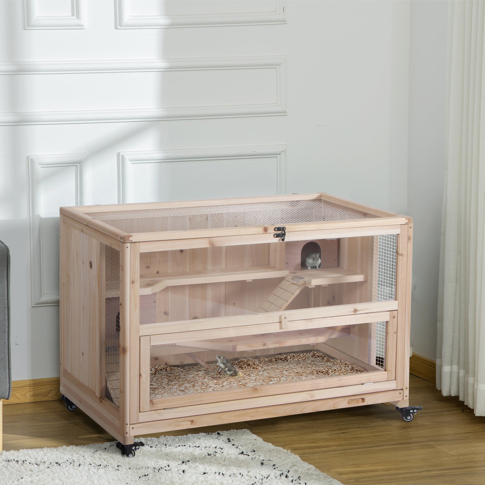 3 Tier Wooden Hamster Cage with Wheels for Syrian, Dwarf Hamster, Nature Wood at Gallery Canada