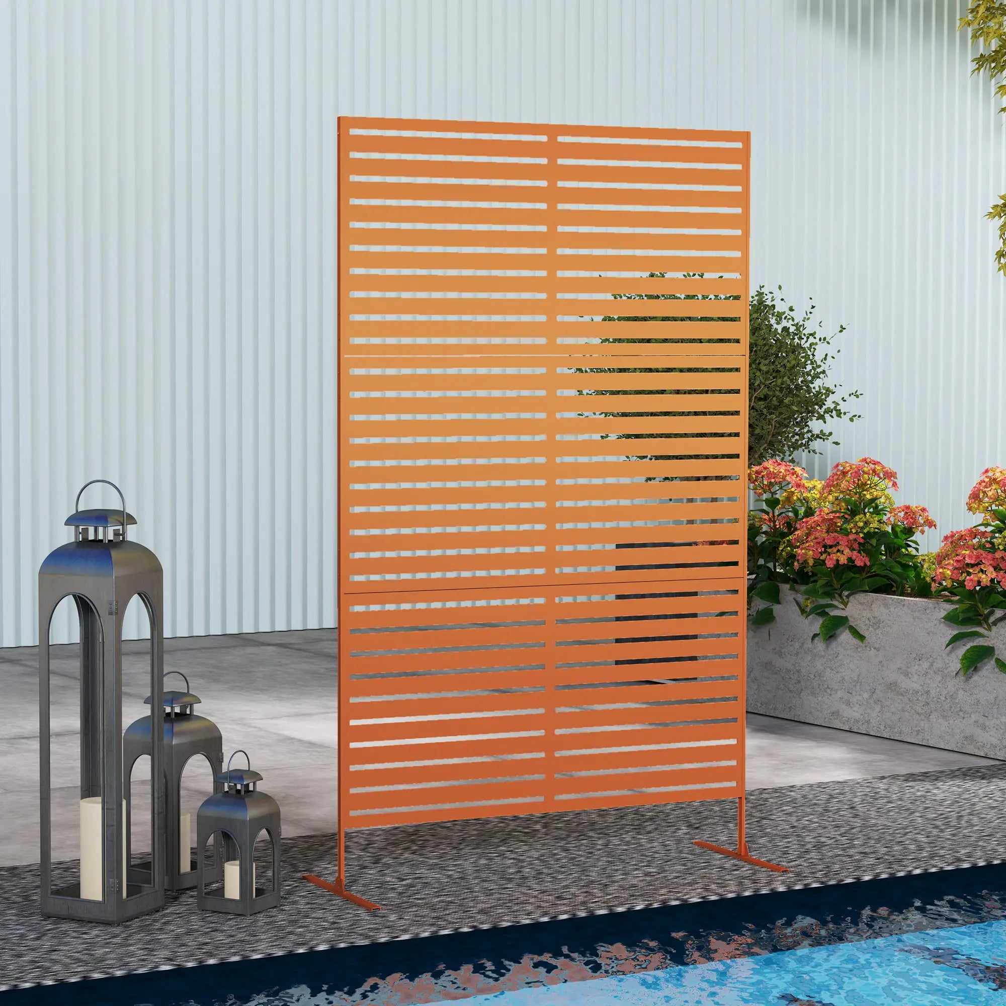 Decorative Outdoor Privacy Panel, Freestanding Metal Divider, Brown Side Awnings at Gallery Canada