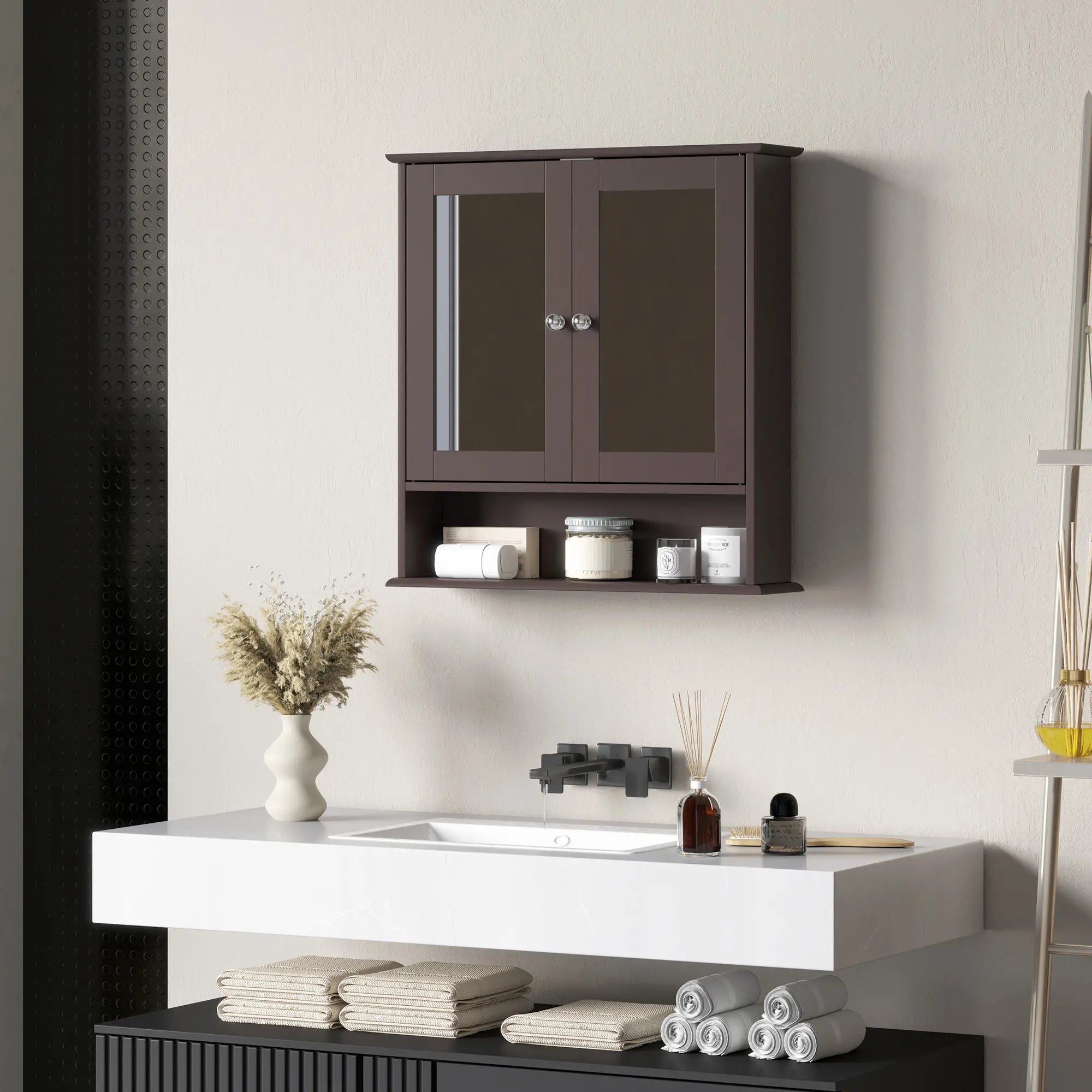 Wall-Mounted Medicine Cabinet, Double Doors, Open Shelf, Adjustable, Dark Brown Mirror Medicine Cabinets at Gallery Canada