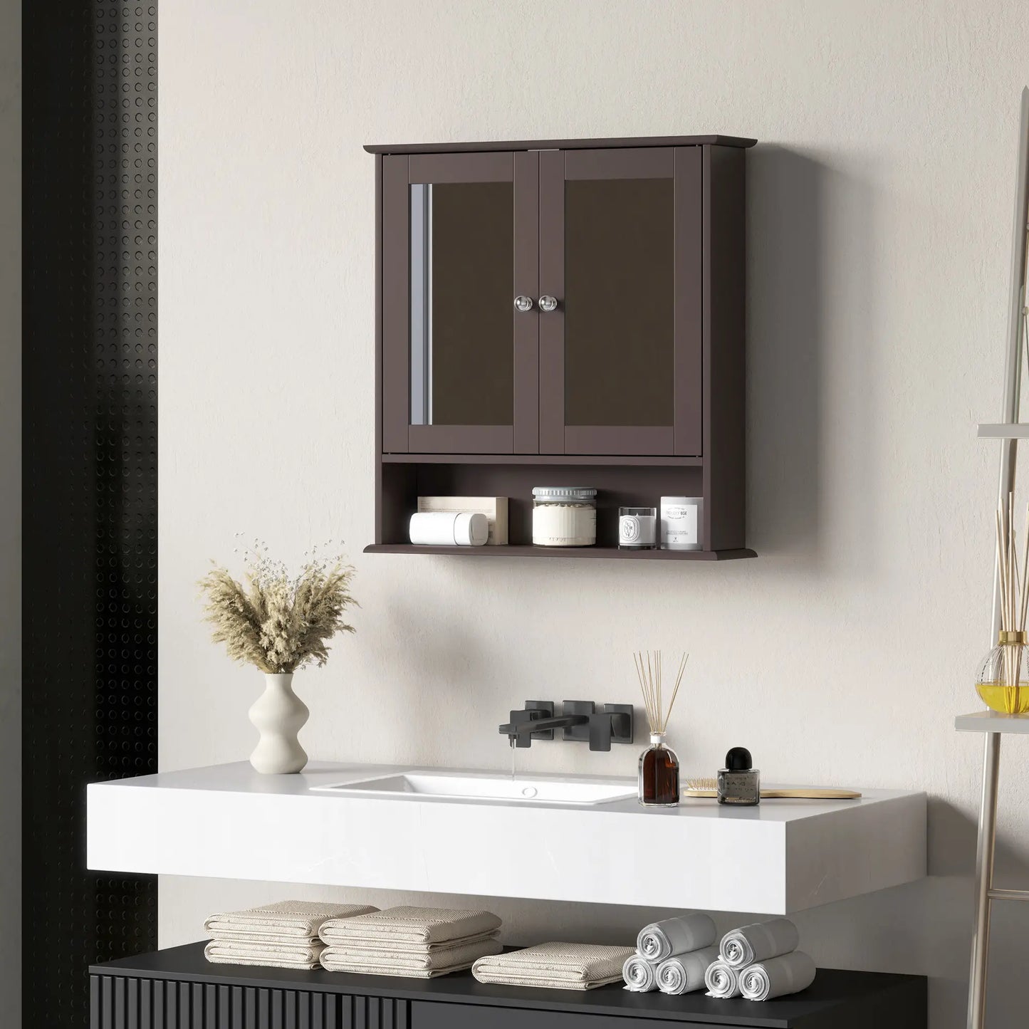 Wall-Mounted Medicine Cabinet, Double Doors, Open Shelf, Adjustable, Dark Brown Mirror Medicine Cabinets at Gallery Canada