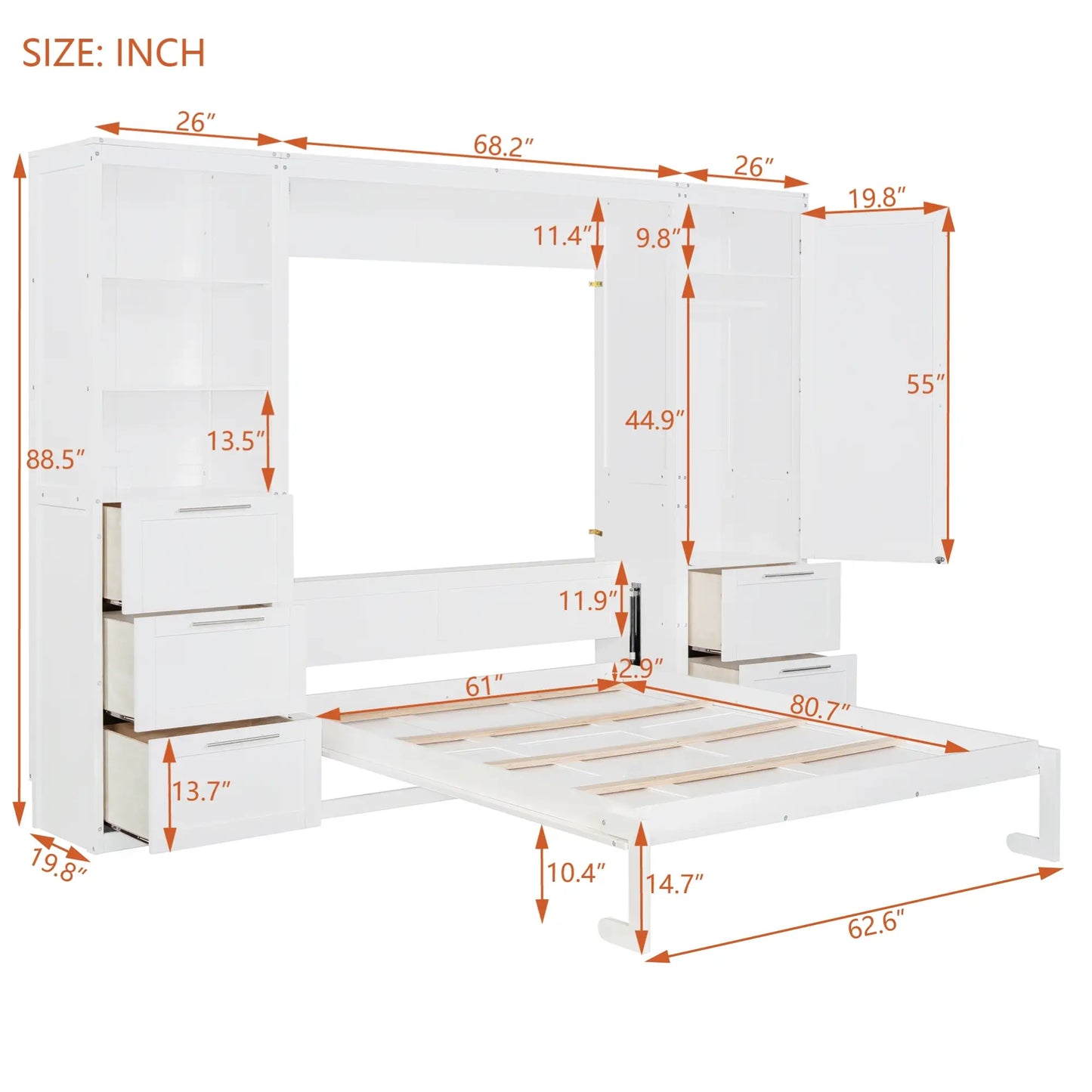 Murphy Bed with Storage, Space-Saving Wall Bed, 120" L x 20" W x 88.5" H, White Bed Frames at Gallery Canada