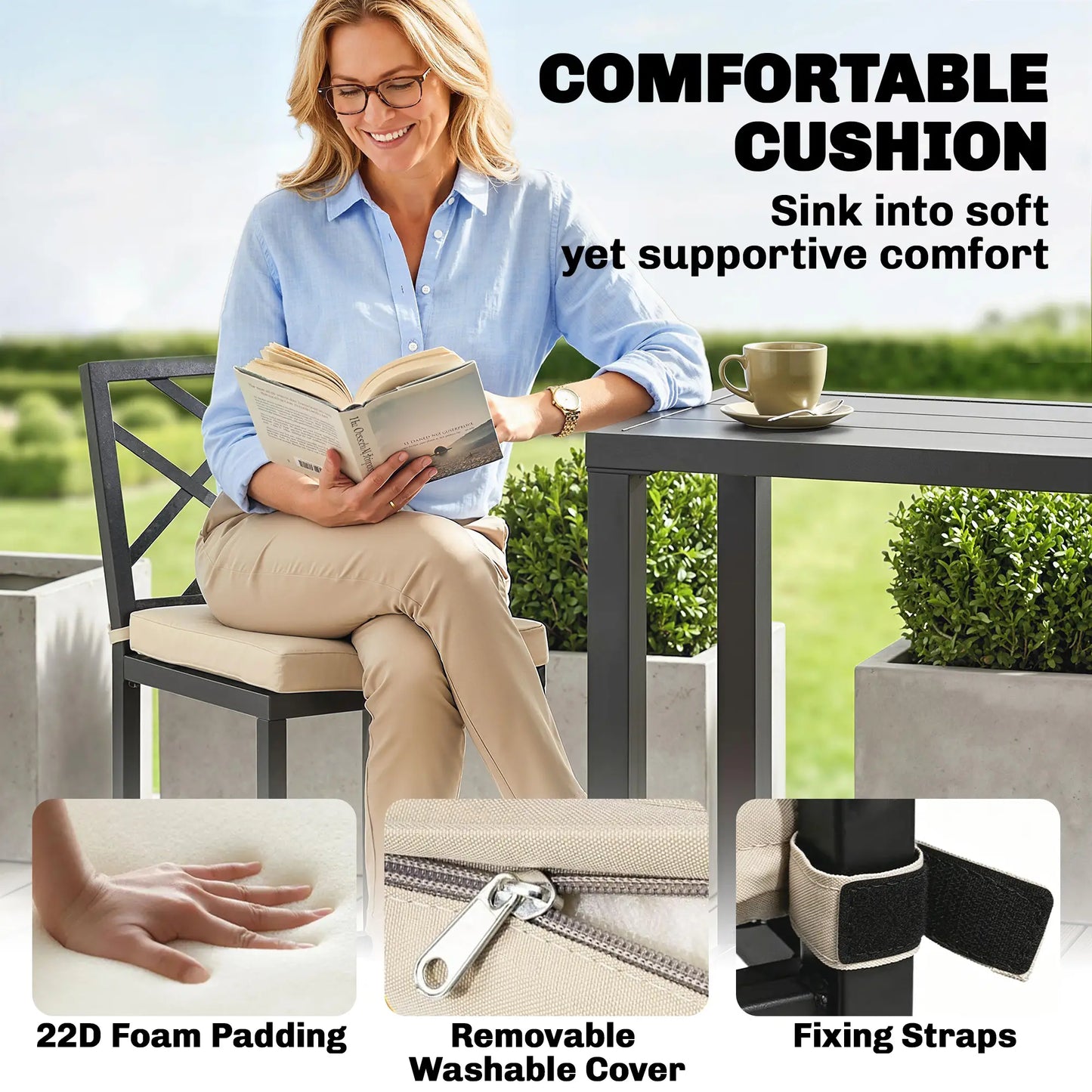3 Piece Patio Bar Set, Outdoor Bar Table and Stools, Electrophoresis Steel Tabletop, X Back, Footrest, Cushions, Khaki Bistro Sets at Gallery Canada