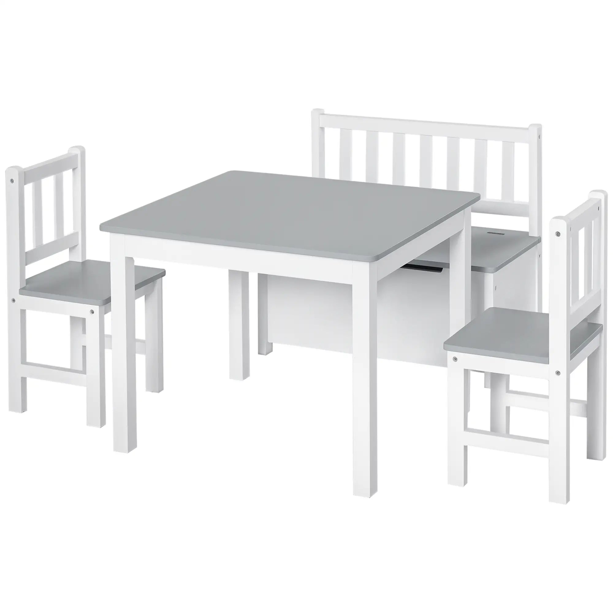 Kids Wood Table, Chair, Bench Set with Storage, 4-Piece Kids Table Sets White and Grey at Gallery Canada