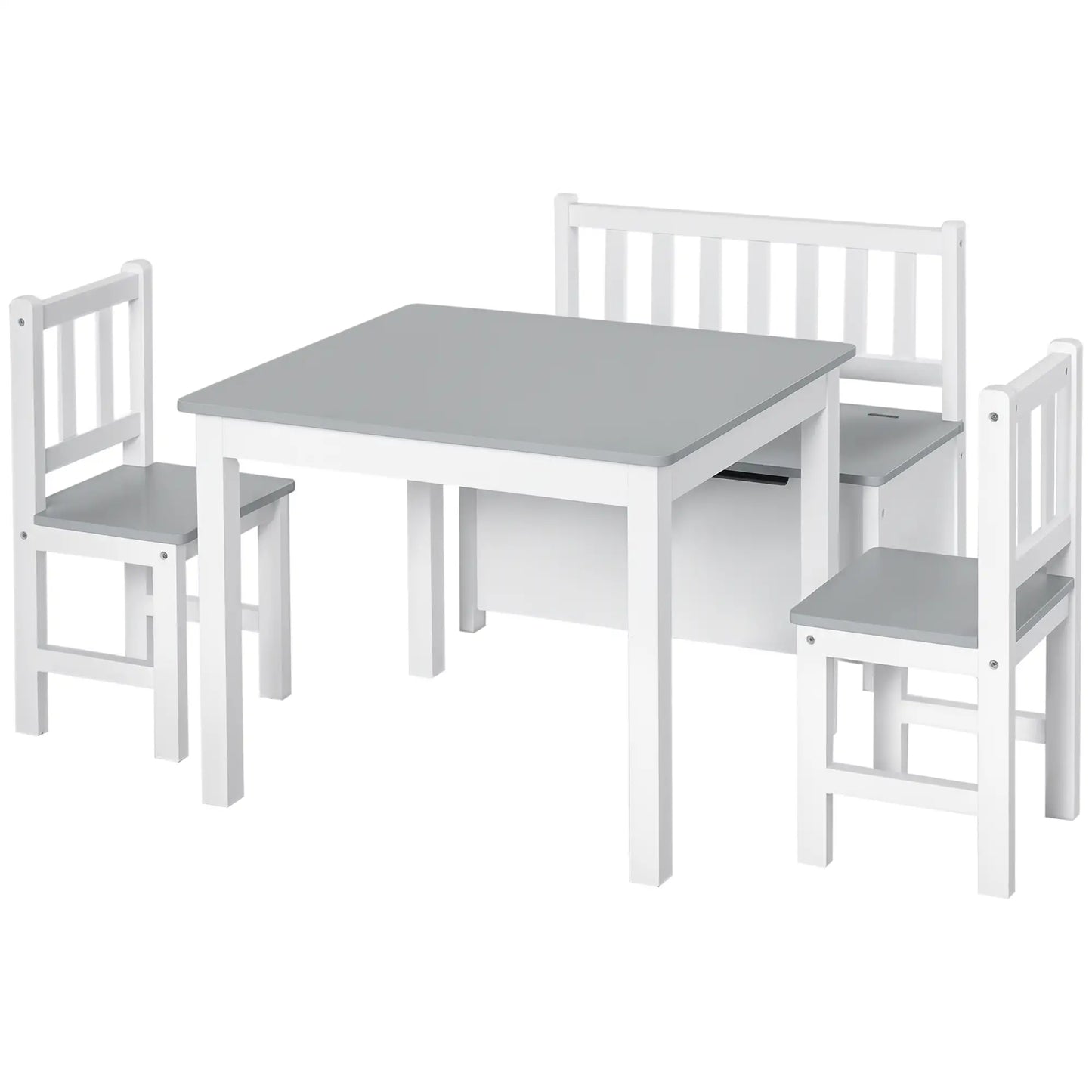 Kids Wood Table, Chair, Bench Set with Storage, 4-Piece Kids Table Sets White and Grey at Gallery Canada