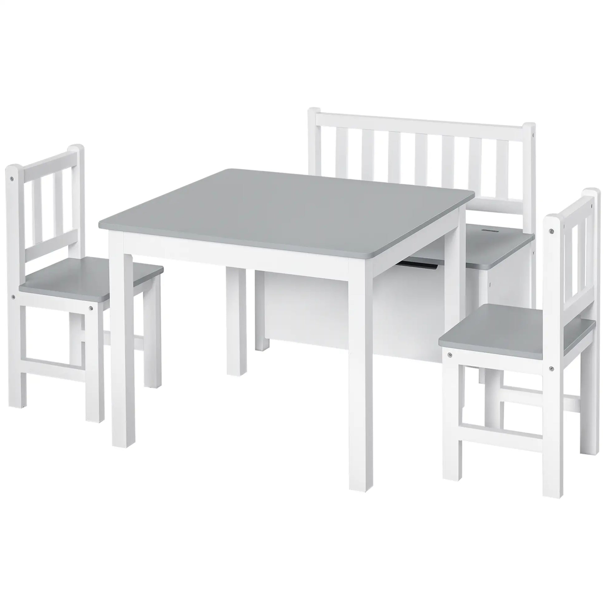 Kids Wood Table, Chair, Bench Set with Storage, 4-Piece Kids Table Sets White and Grey at Gallery Canada