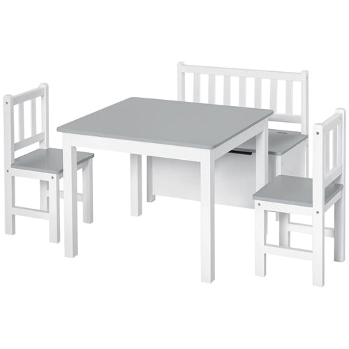 Kids Wood Table, Chair, Bench Set with Storage, 4-Piece