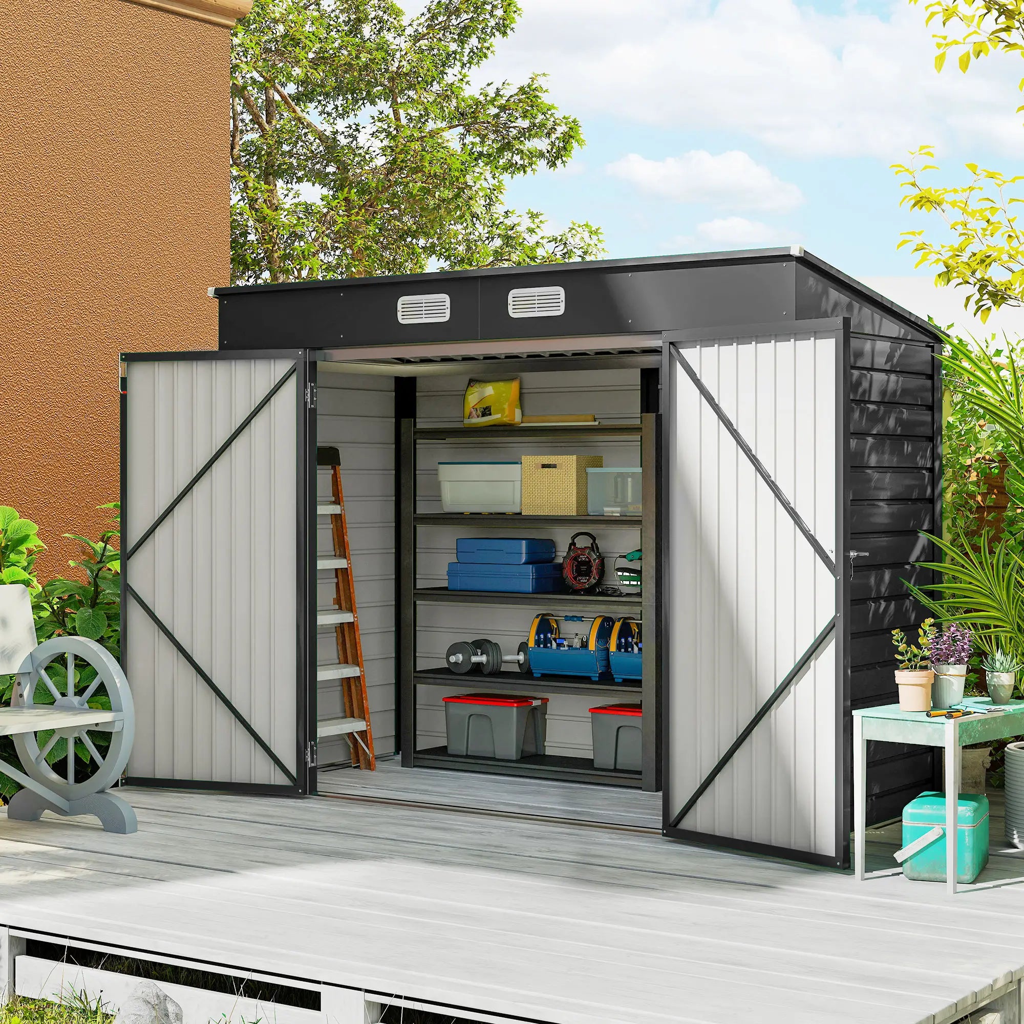 8 x 4FT Galvanized Metal Garden Shed, Double Doors, 2 Vents, Grey Sheds at Gallery Canada