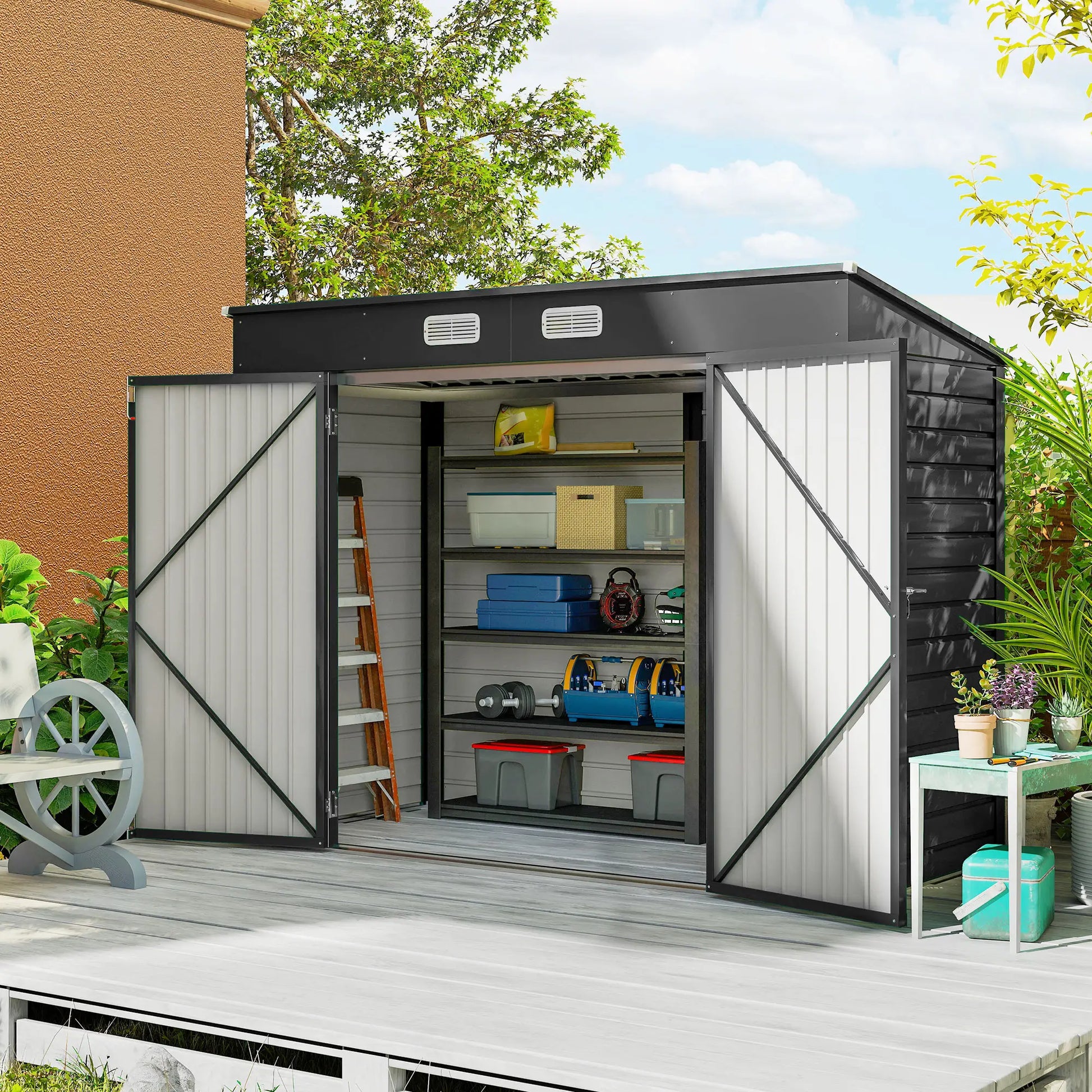 8 x 4FT Galvanized Metal Garden Shed, Double Doors, 2 Vents, Grey Sheds at Gallery Canada