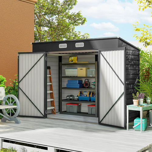 8 x 4FT Galvanized Metal Garden Shed, Double Doors, 2 Vents, Grey