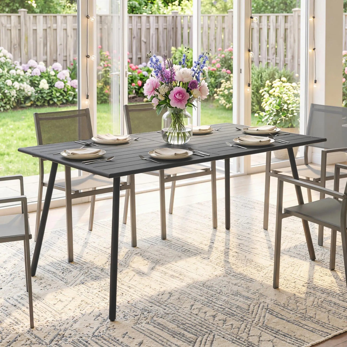 Rectangle Patio Dining Table for 6, Metal Steel Slat, 59" x 31.5" x 29", Grey Patio Dinning Tables at Gallery Canada