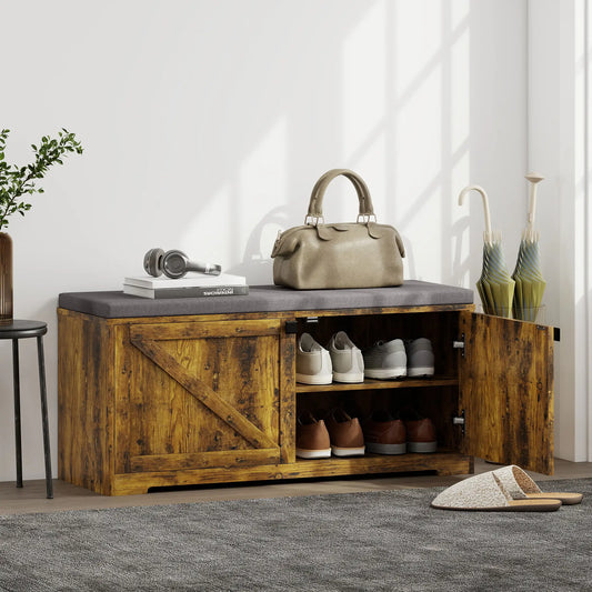 Shoe Storage Bench with Padded Seat, 8 Pairs, Rustic Brown, Brown Shoe Storage Cabinets & Racks Rustic Brown at Gallery Canada