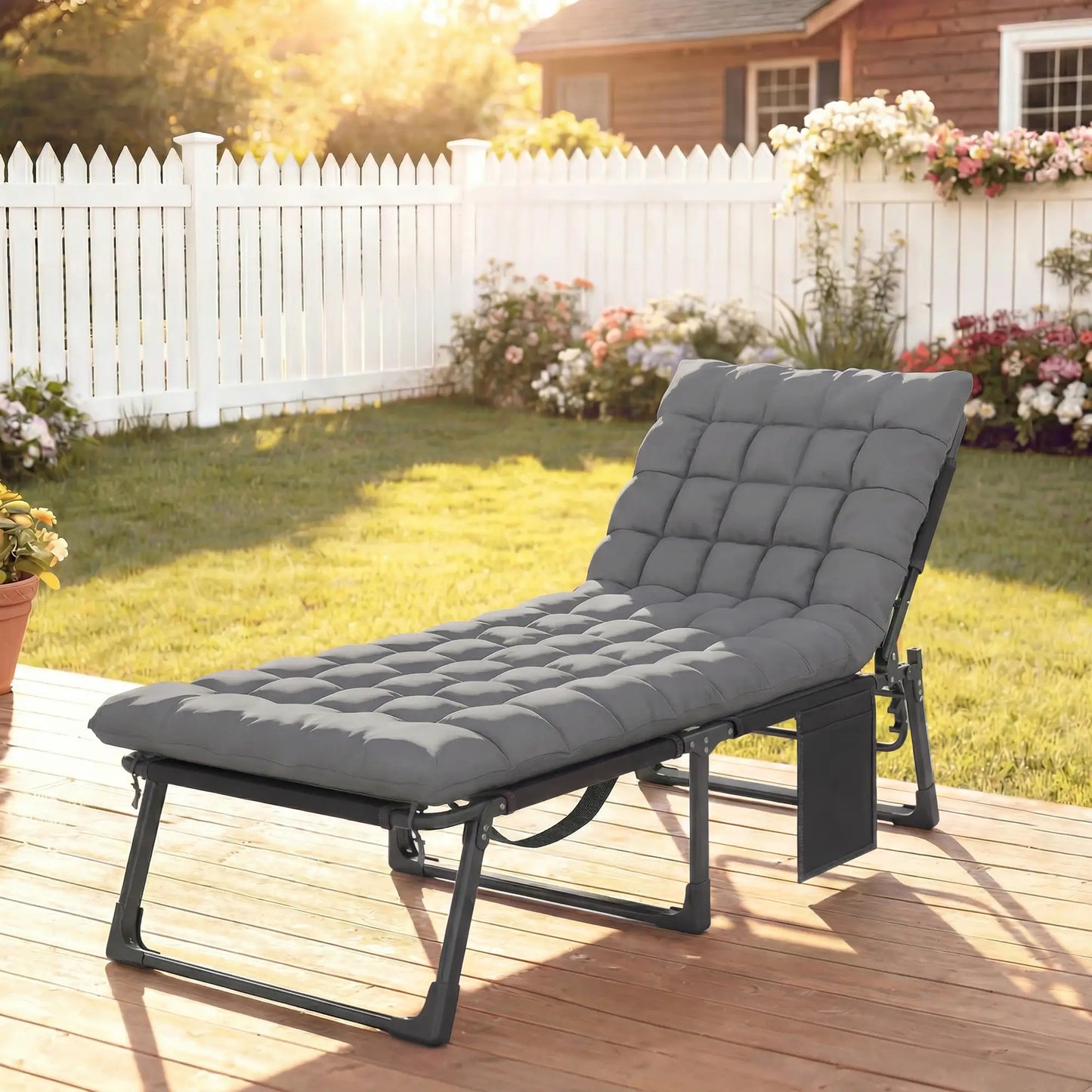 75 cm Wide Folding Chaise Lounge Chair, Cushion, Side Pocket, Dark Grey Lounger Chairs at Gallery Canada