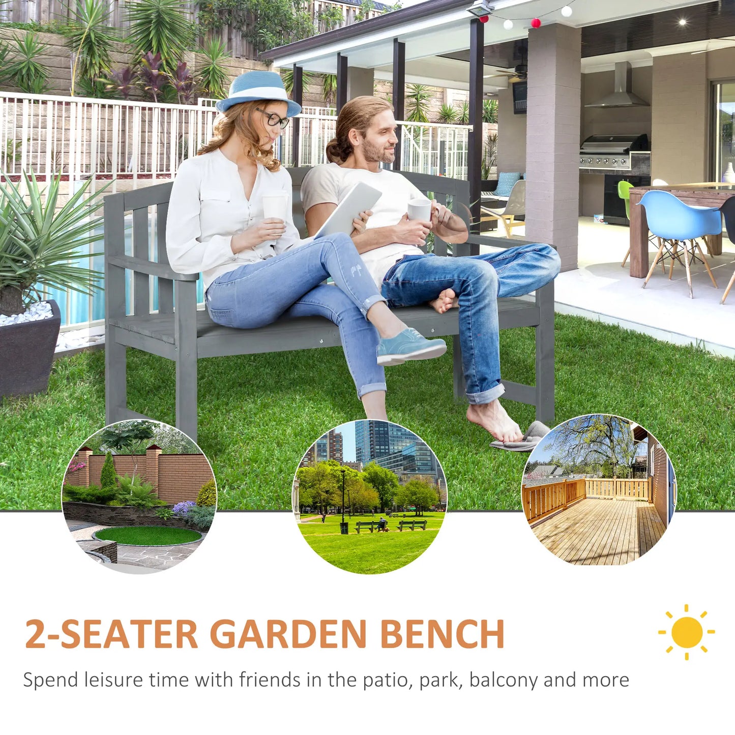 Wooden Bench, Slatted Design with Backrest, Armrests, Grey Outdoor Benches at Gallery Canada