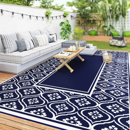 9' x 18' Outdoor RV Rug, Reversible, Gourd Border, White, Blue Garden Decor at Gallery Canada