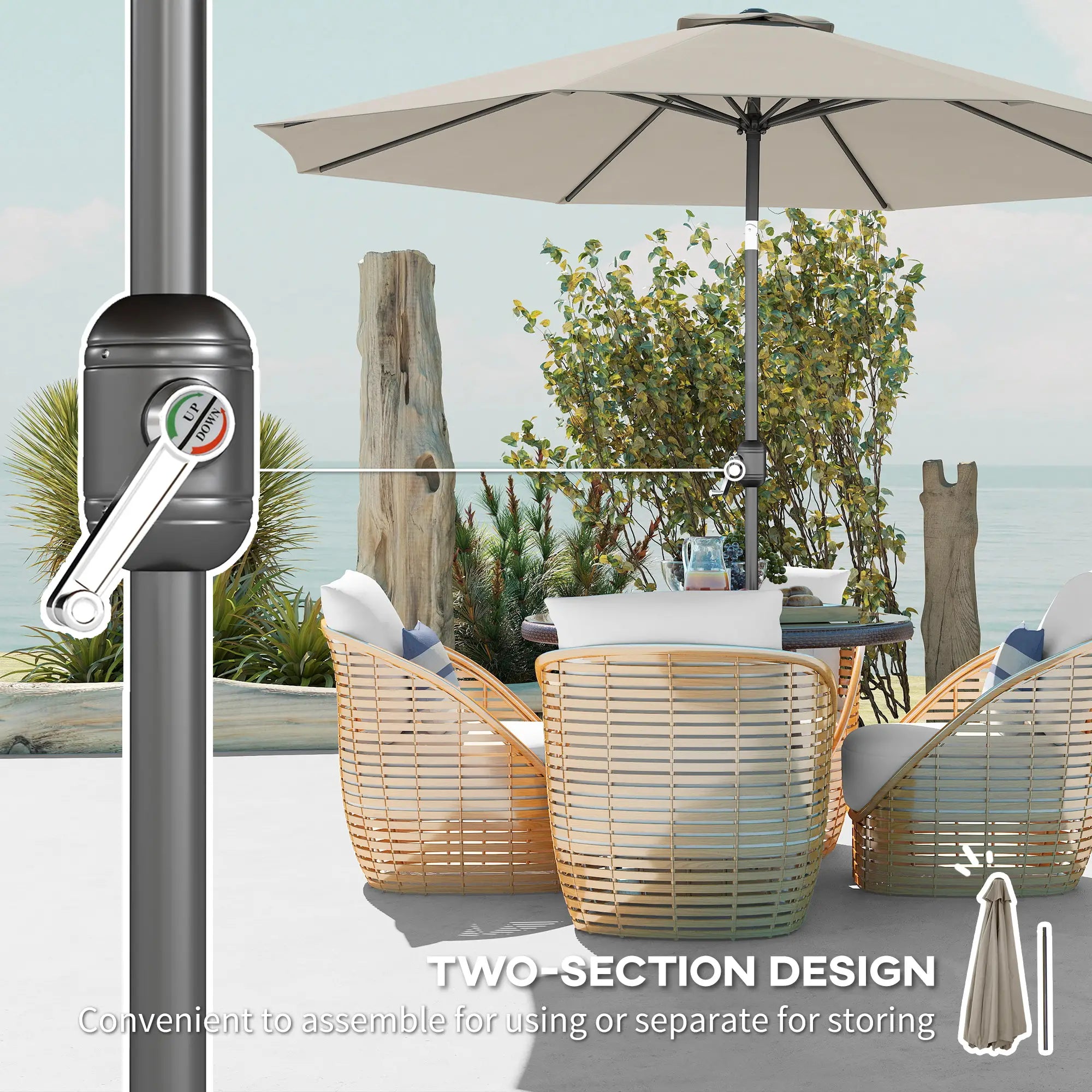 10' x 8' Round Patio Umbrella, Crank Handle, Tilt, Light Grey Sun Umbrellas at Gallery Canada