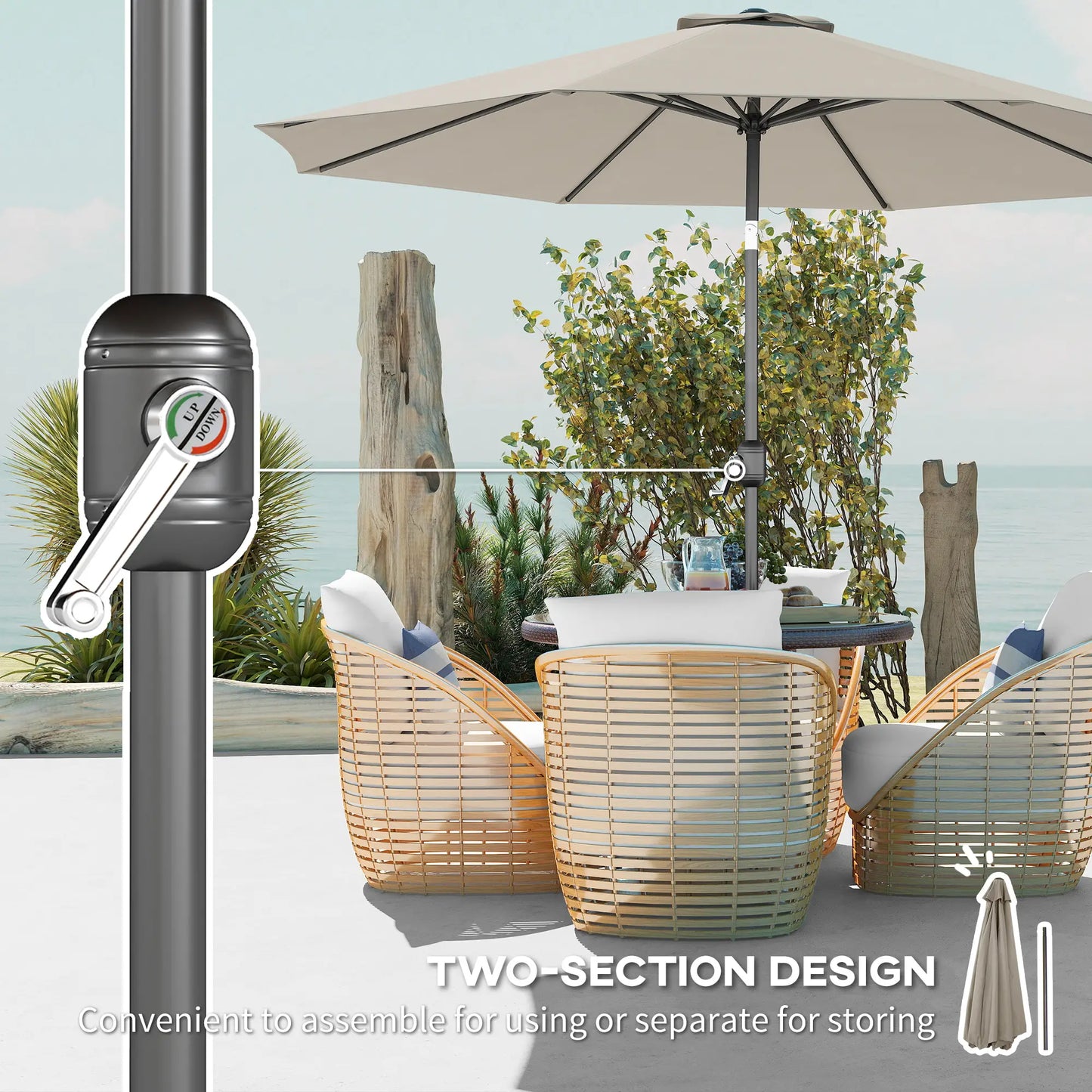 10' x 8' Round Patio Umbrella, Crank Handle, Tilt, Light Grey Sun Umbrellas at Gallery Canada