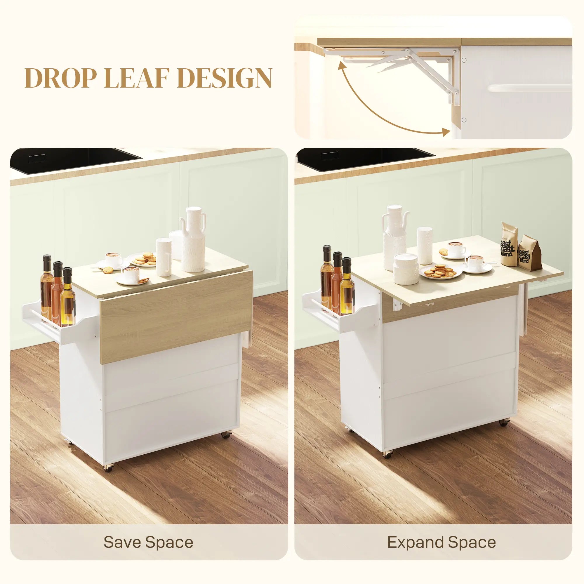 Rolling Kitchen Island With Drop Leaf, Storage Cart With Drawer, White Kitchen Islands & Kitchen Carts at Gallery Canada