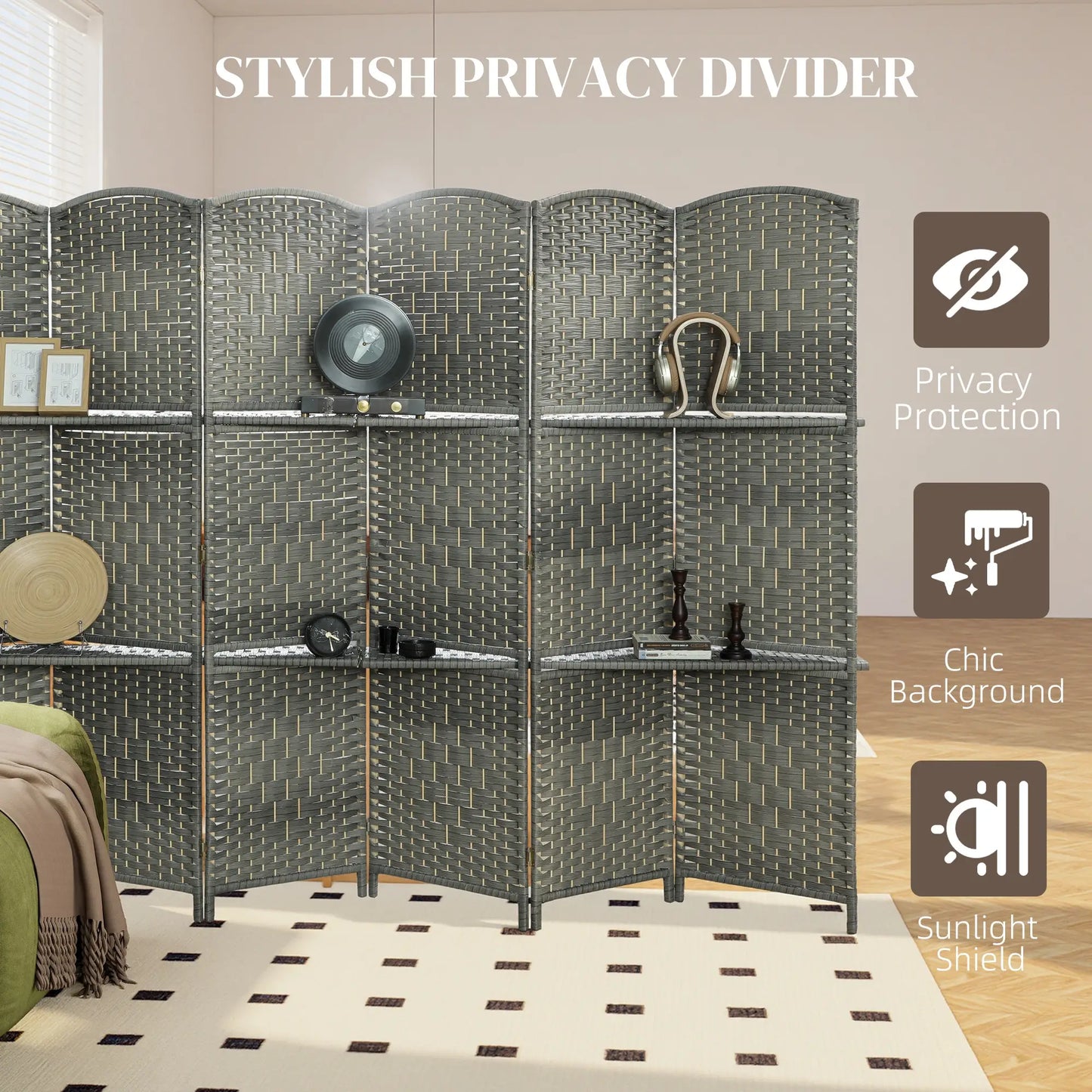 6 FT Privacy Screen, 6 Panel Room Divider With Shelves, Grey
