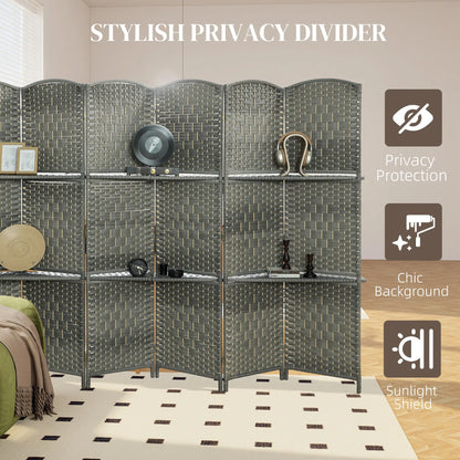 6 FT Privacy Screen, 6 Panel Room Divider With Shelves, Grey