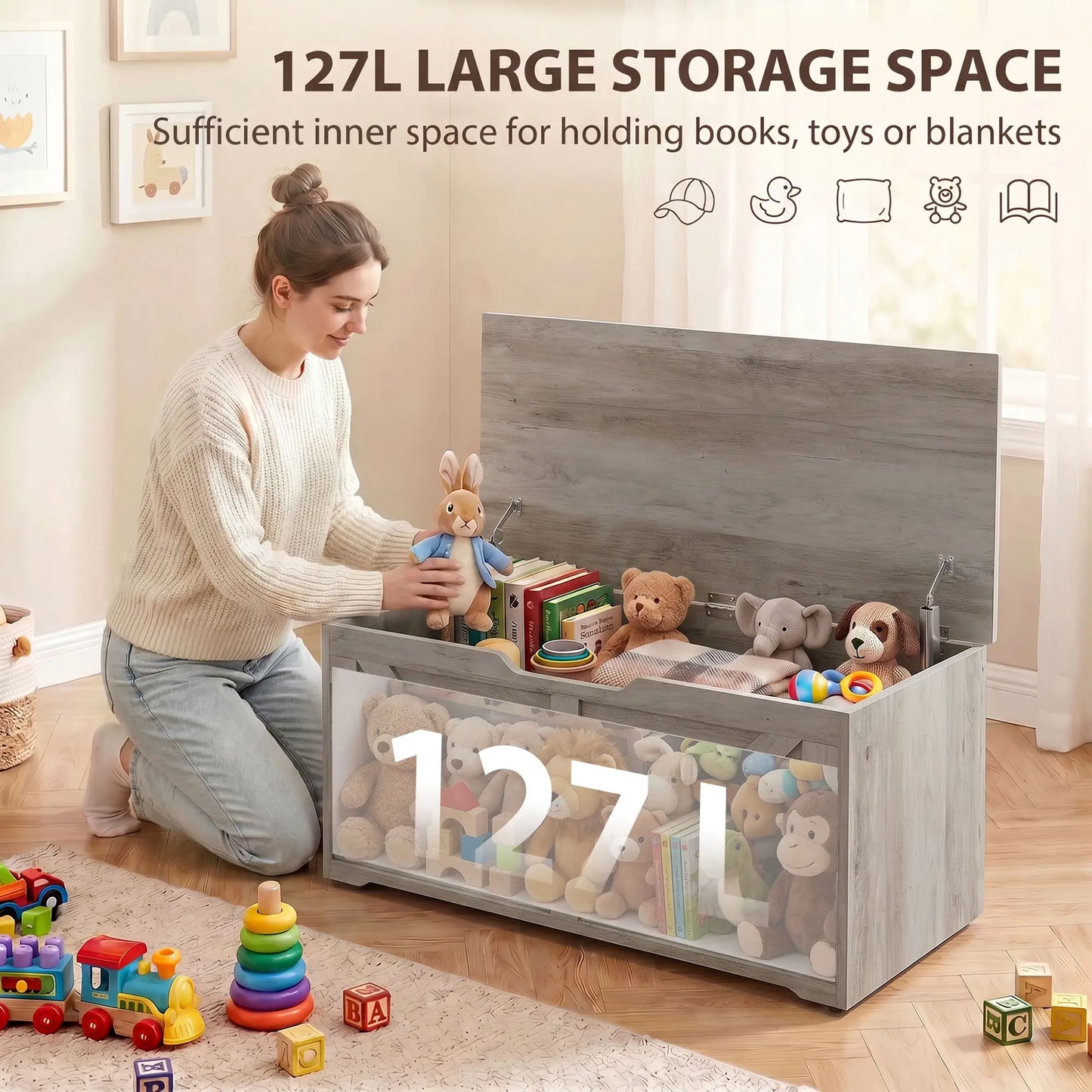 Storage Chest with Safety Hinges, Grey Wood Grain, 39.4 Inches, Grey