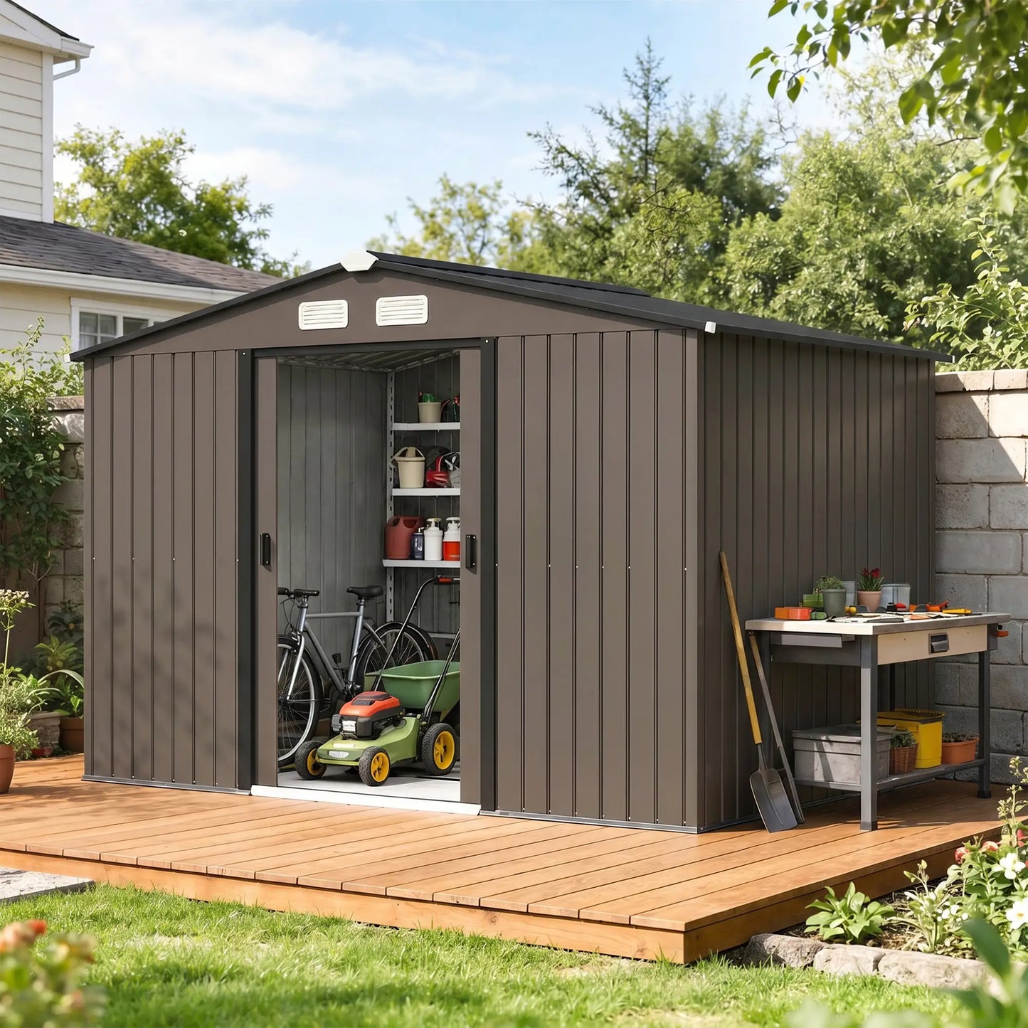 9.1'x6.4'x6.3' Garden Storage Shed, Foundation Kit, Metal Tool House, Double Doors, Brown Sheds at Gallery Canada