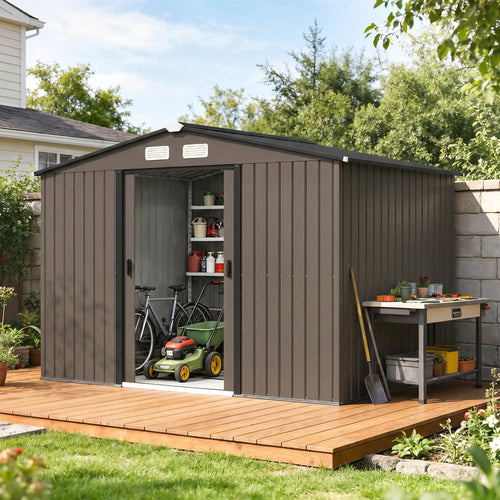 9.1'x6.4'x6.3' Garden Storage Shed, Foundation Kit, Metal Tool House, Double Doors, Brown