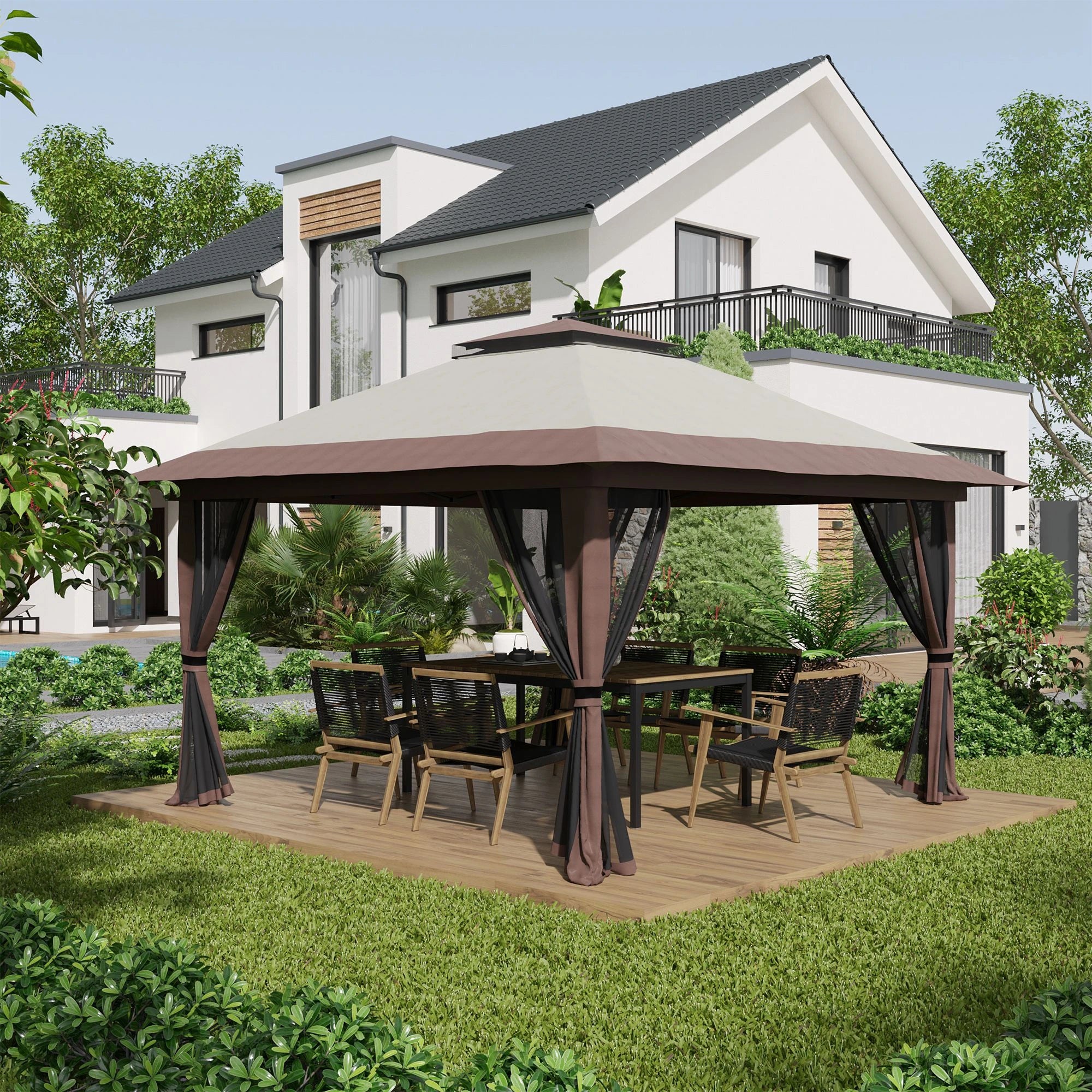 13' x 13' Pop Up Canopy, 2-Tier Roof Tent with Net, Beige Pop Up Canopies at Gallery Canada