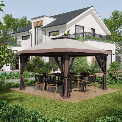 13' x 13' Pop Up Canopy, 2-Tier Roof Tent with Net, Beige Pop Up Canopies at Gallery Canada