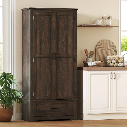 69" Tall Kitchen Pantry Cabinet, 2 Doors, Drawer, Adjustable Shelves, Dark Brown Kitchen Pantry Cabinets Dark Brown at Gallery Canada