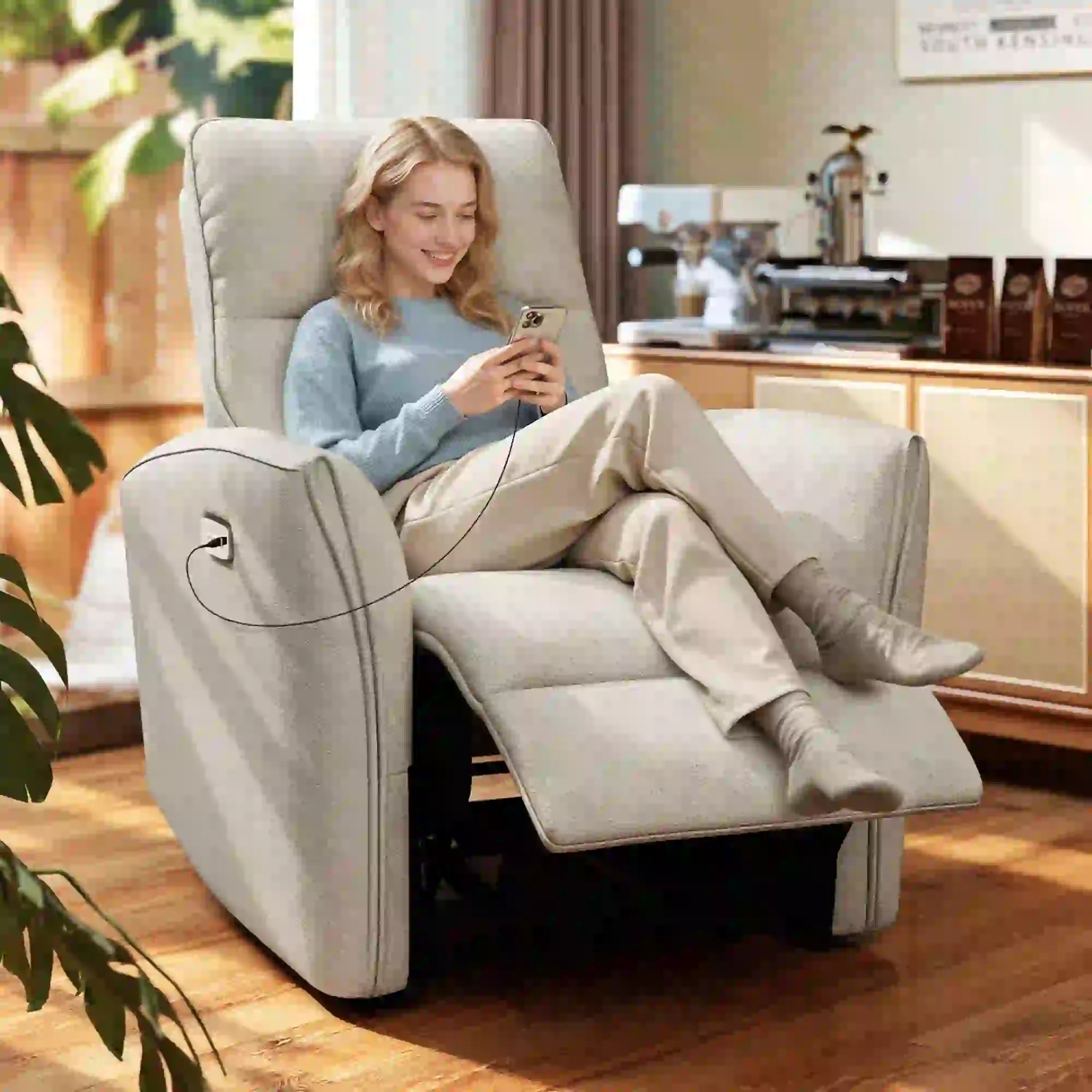 Power Recliner Chair, Fabric Upholstered, USB Ports, Footrest, Beige Sofas & Reclining Chairs at Gallery Canada