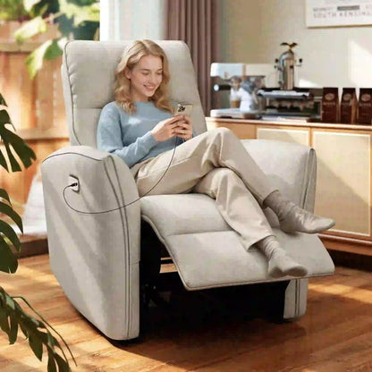 Power Recliner Chair, Fabric Upholstered, USB Ports, Footrest, Beige Sofas & Reclining Chairs at Gallery Canada