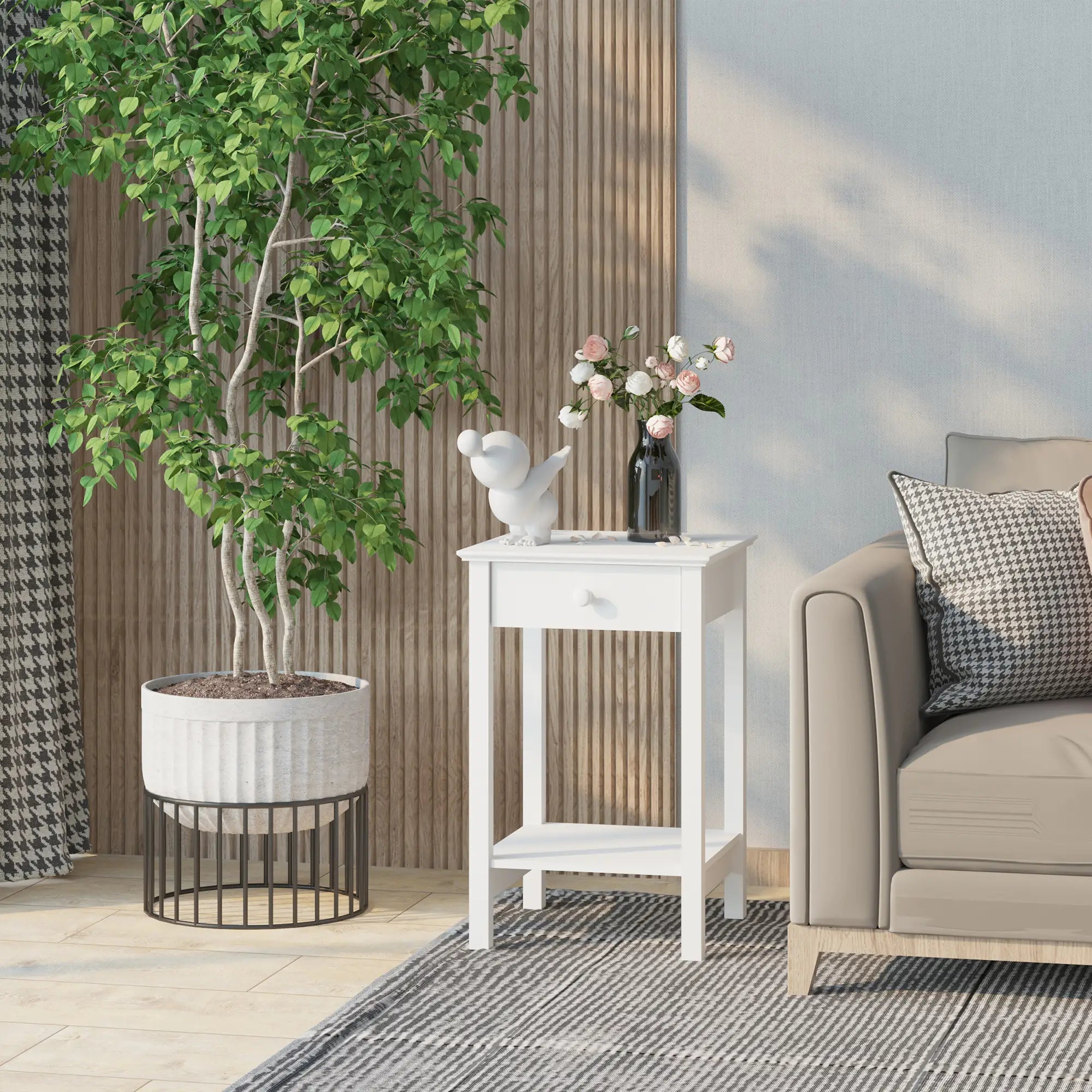 Multipurpose Bedside Table with Drawer, Storage Shelf, White Side Tables at Gallery Canada