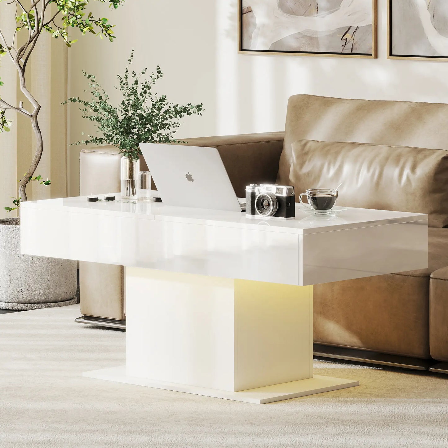 Extendable Coffee Table with LED Lights, Modern High Gloss Center Table with Hidden Storage, White Coffee Tables at Gallery Canada