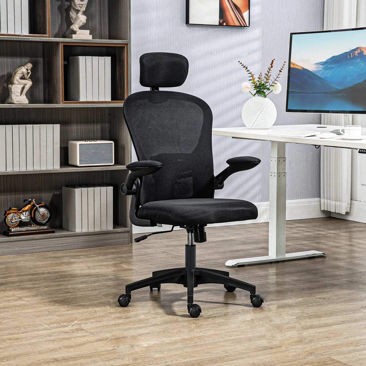 Mesh Office Chair, Adjustable Headrest, 4D Lumbar Support, Flip-Up Arm, Black Office Chairs at Gallery Canada