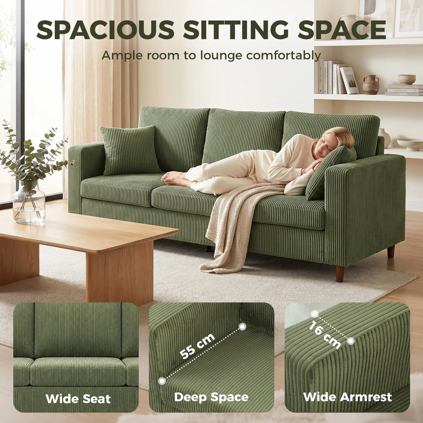 Canapé en velours côtelé 3 places, coussin à ressorts à assise profonde, vert