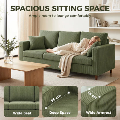 Canapé en velours côtelé 3 places, coussin à ressorts à assise profonde, vert