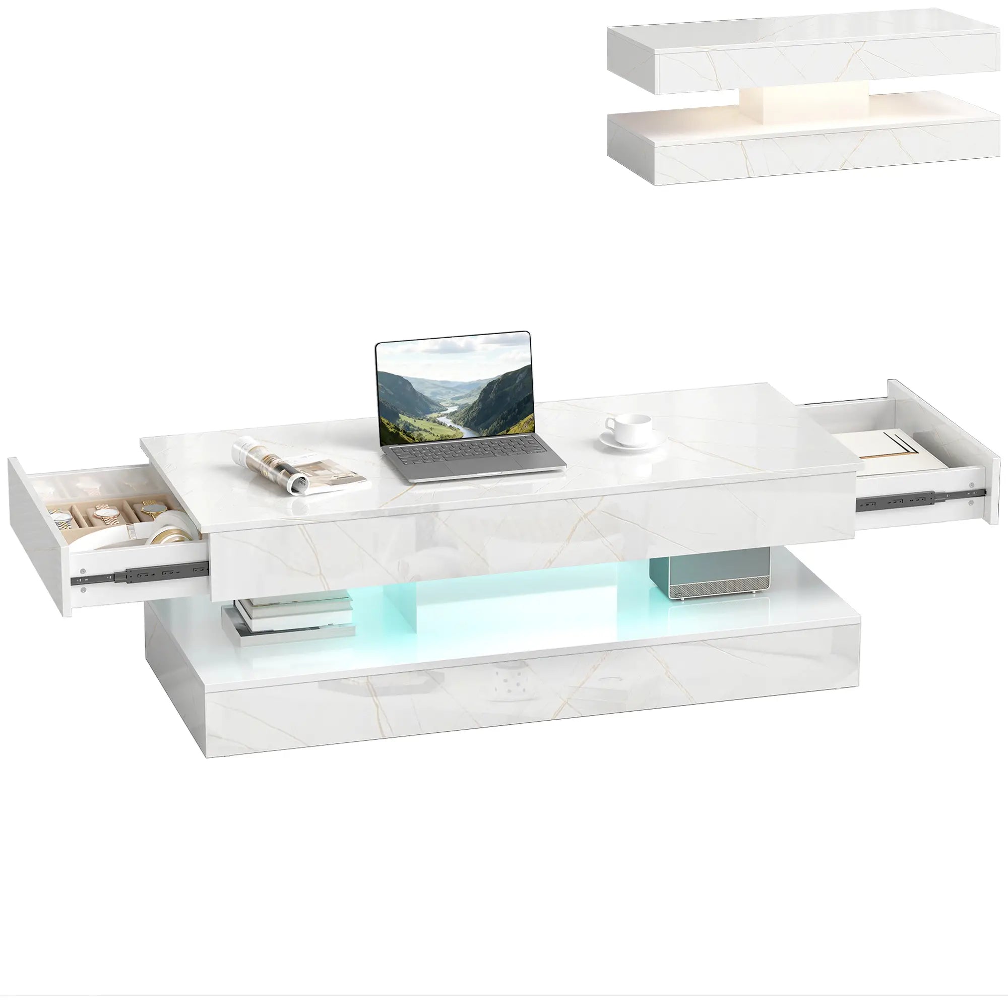 Adjustable LED Coffee Table, 2 Drawers, Open Shelf, Remote, White Coffee Tables at Gallery Canada