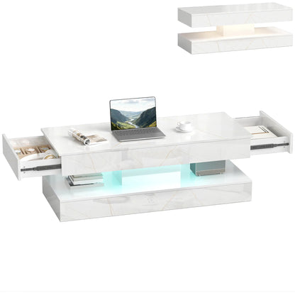 Adjustable LED Coffee Table, 2 Drawers, Open Shelf, Remote, White Coffee Tables at Gallery Canada