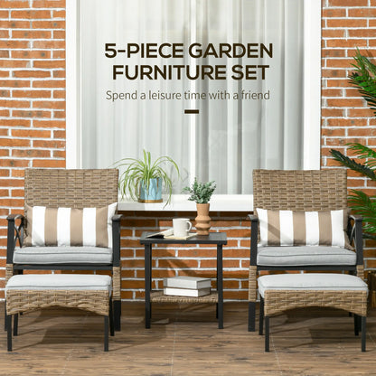 5 Piece PE Rattan Garden Set, 2 Armchairs, 2 Stools, Steel Table, Khaki Bistro Sets at Gallery Canada