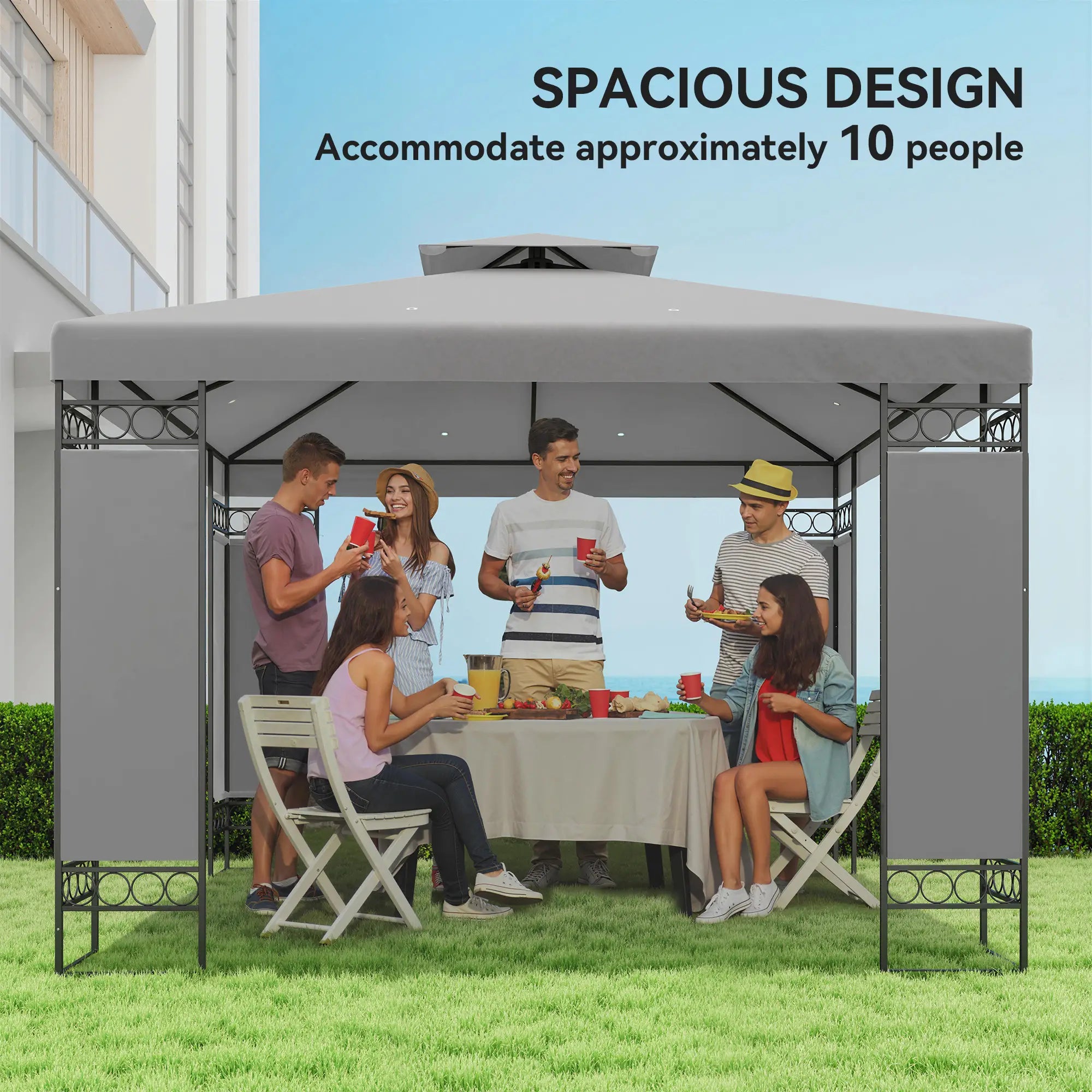 10x10 FT Canopy Gazebo, Double Roof With Screen Panels, Light Grey Gazebos at Gallery Canada