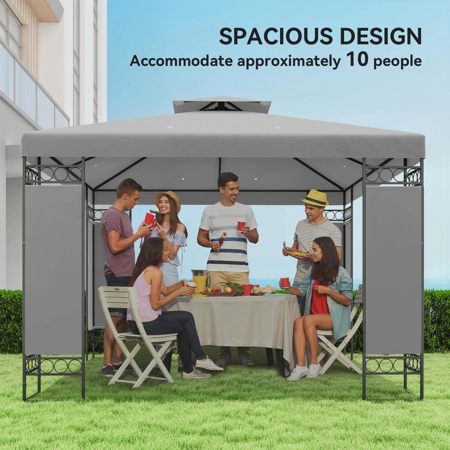 10x10 FT Canopy Gazebo, Double Roof With Screen Panels, Light Grey Gazebos at Gallery Canada