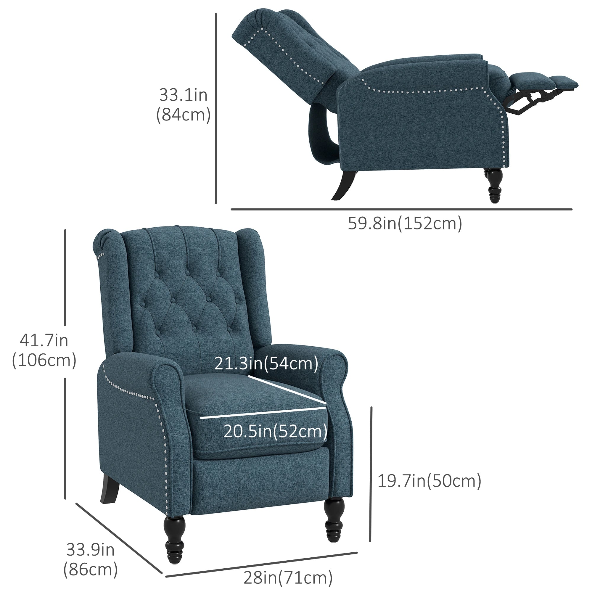 Wingback Reclining Chair with Footrest, Button Tufted, Blue Single Sofas at Gallery Canada