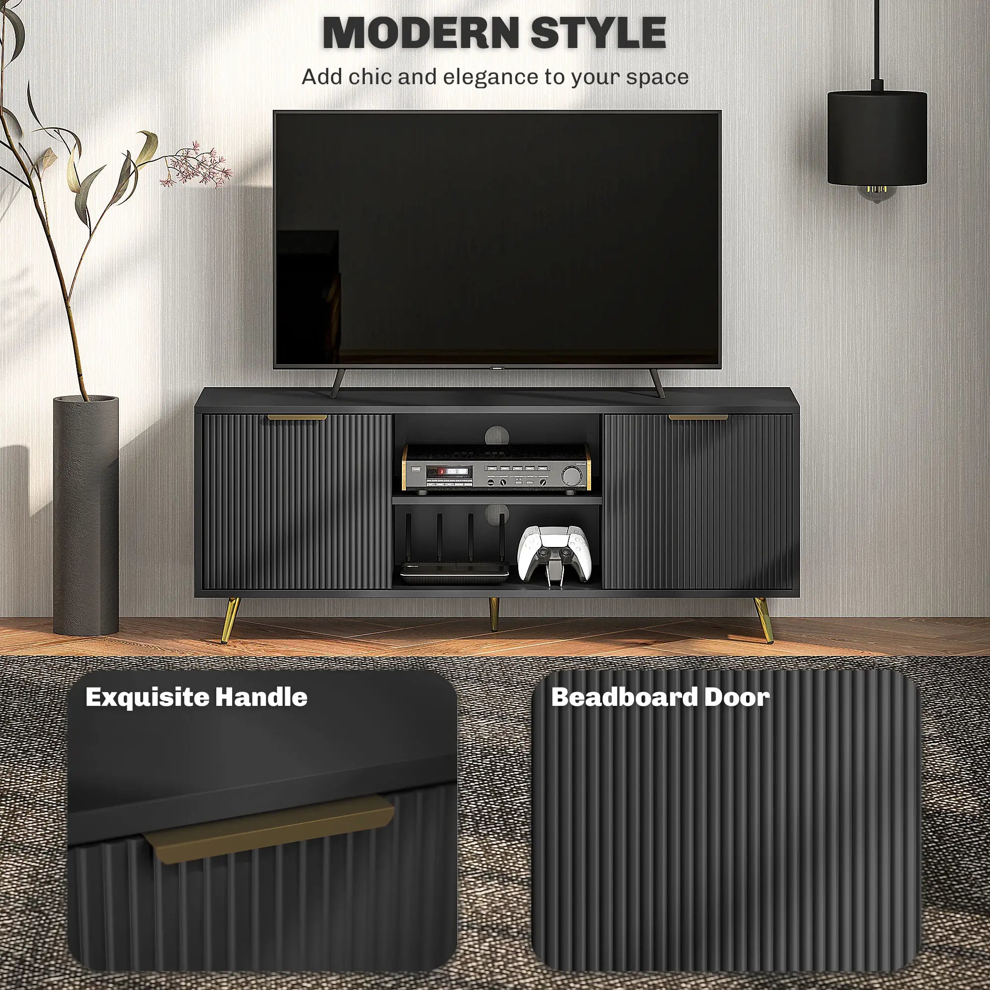 TV Stand for 55 Inch TV, Modern Cabinet with Shelves, Black TV Stands at Gallery Canada