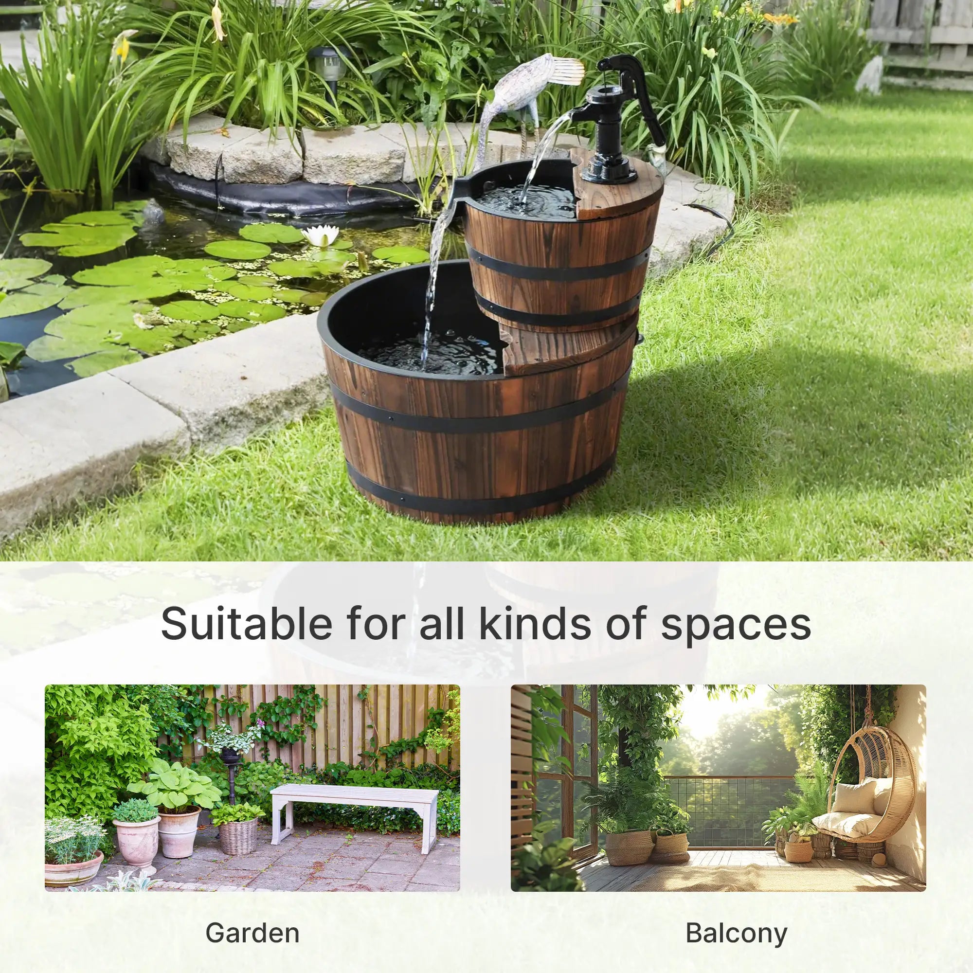 2-Tier Wooden Barrel Water Fountain, Electric Pump, Outdoor Indoor Decor Water Fountains at Gallery Canada