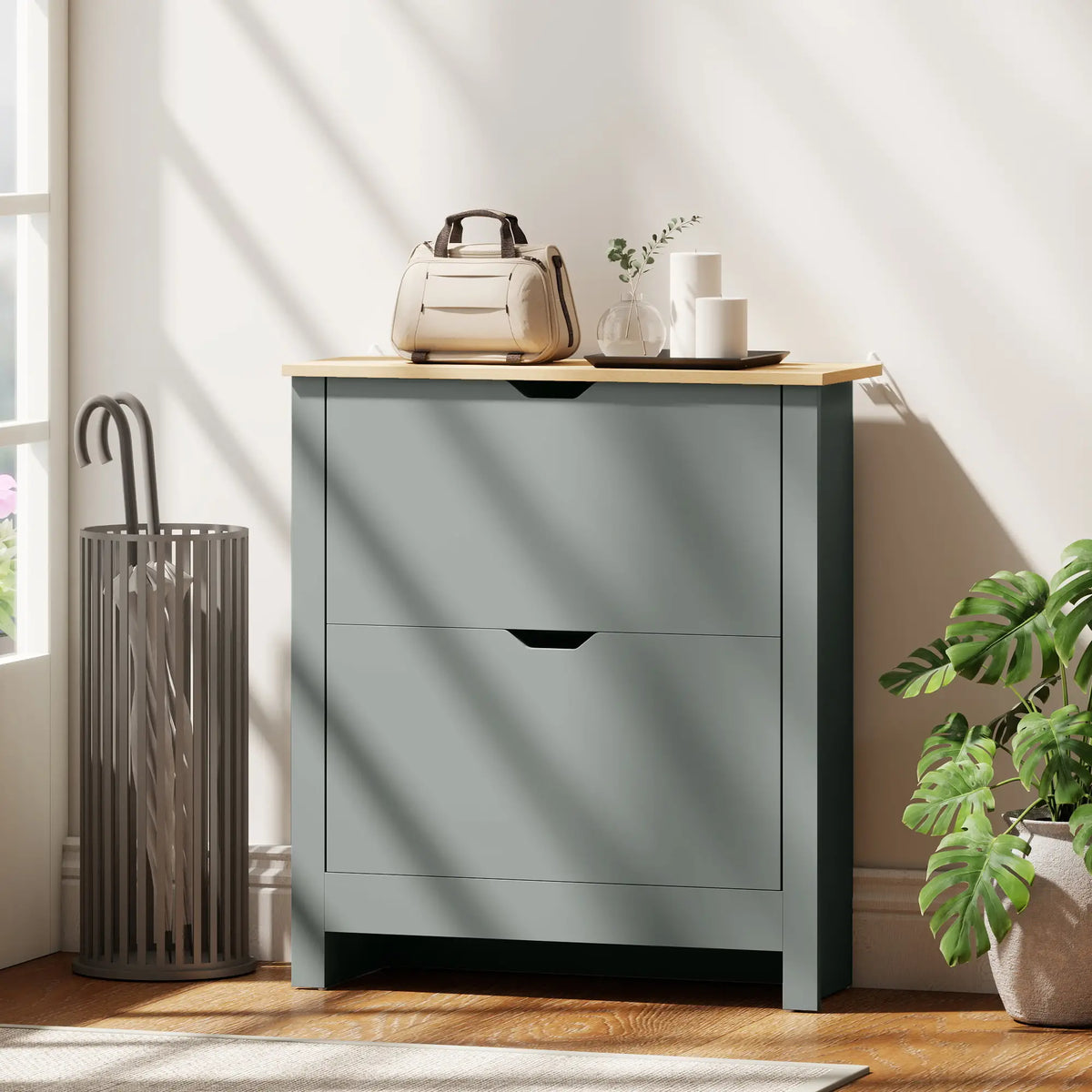 Shoe Storage Cabinet, 2 Flip Drawers, Adjustable Shelves, Light Grey