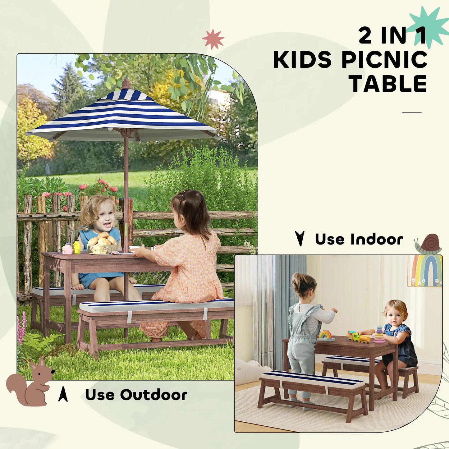 Kids Picnic Table Bench Set with Umbrella, Cushions, Navy Blue Kids Outdoor Furniture at Gallery Canada